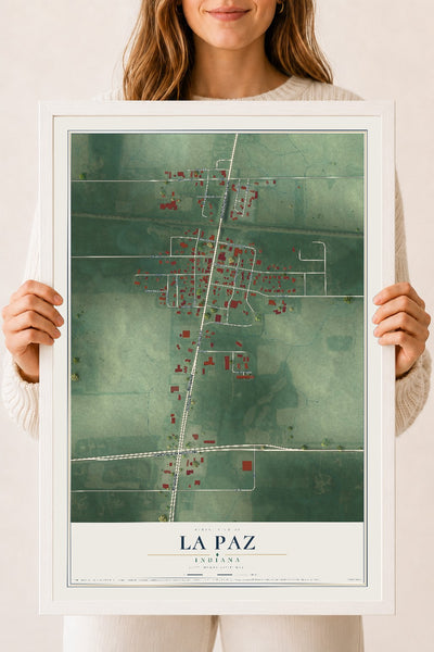 Map of La Paz, Indiana, 18 x 24 inch print in a white wood frame