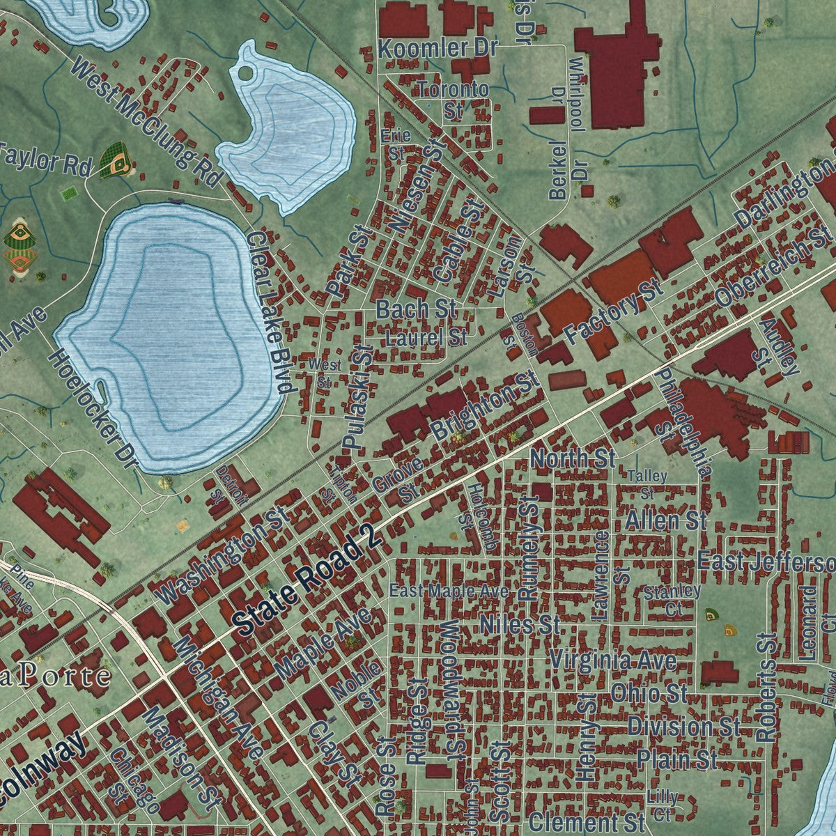 Close-up of the map of La Porte, Indiana print showing street and building detail