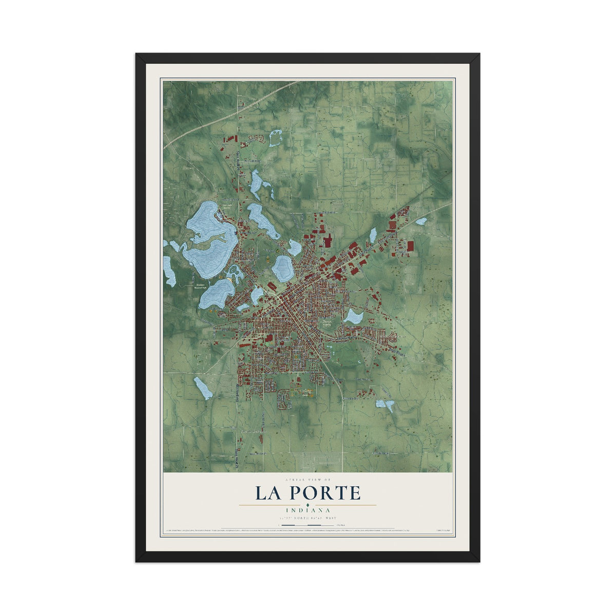 Map of La Porte, Indiana, 12 x 18 inch print in a black wood frame