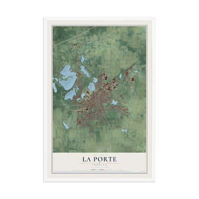 Map of La Porte, Indiana, 12 x 18 inch print in a white wood frame