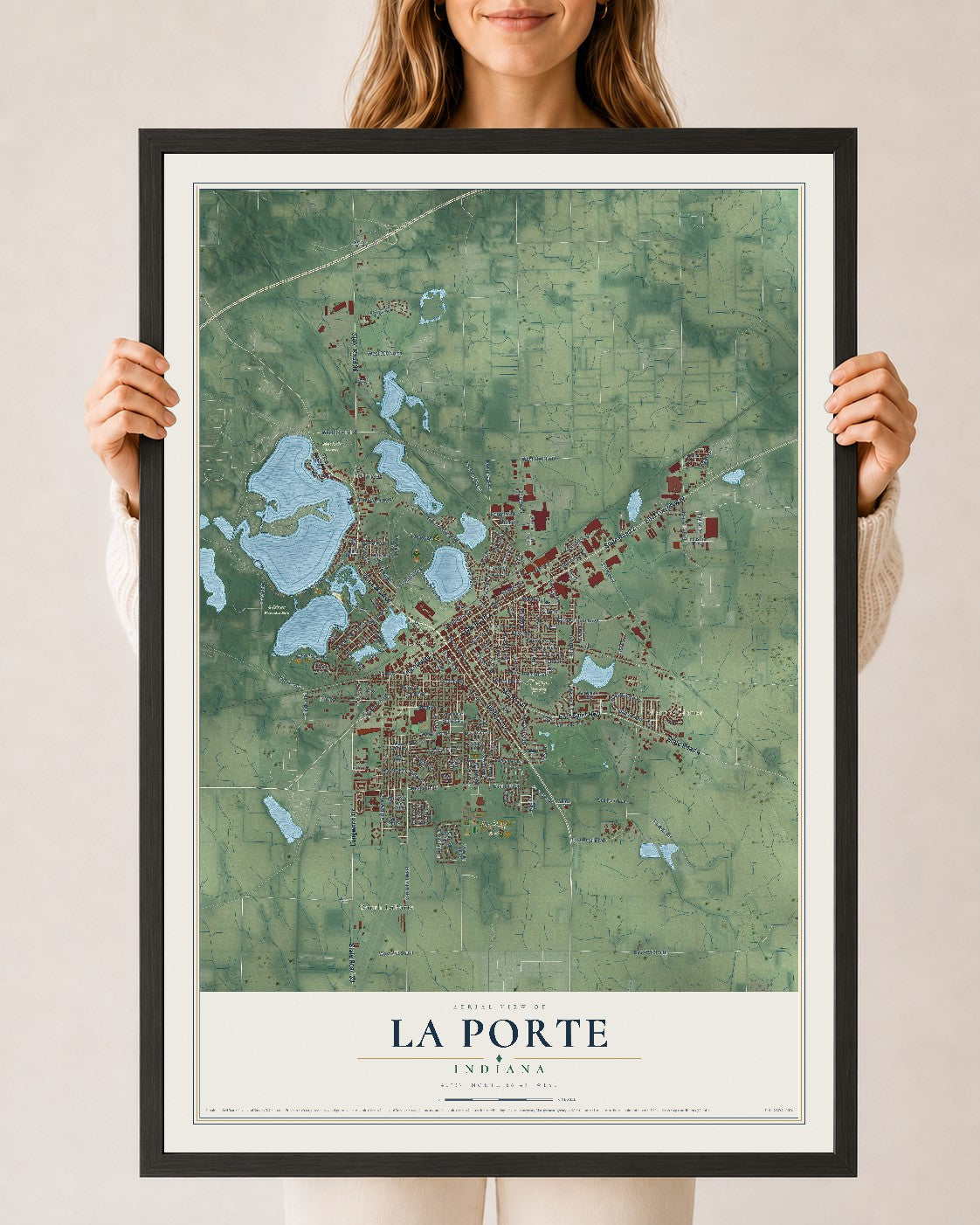 Map of La Porte, Indiana, 24 x 36 inch print in a black wood frame
