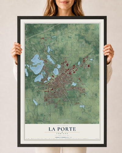 Map of La Porte, Indiana, 24 x 36 inch print in a black wood frame