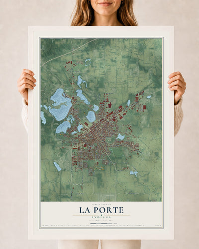 Map of La Porte, Indiana, 24 x 36 inch print in a white wood frame