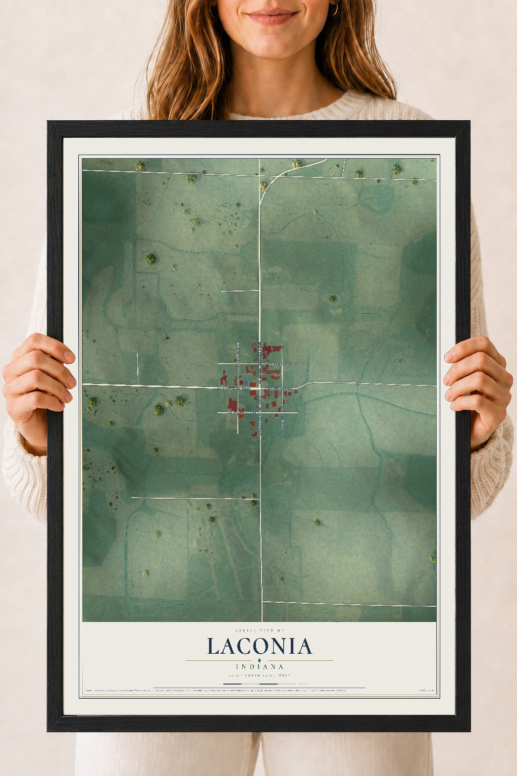 Map of Laconia, Indiana, 18 x 24 inch print in a black wood frame