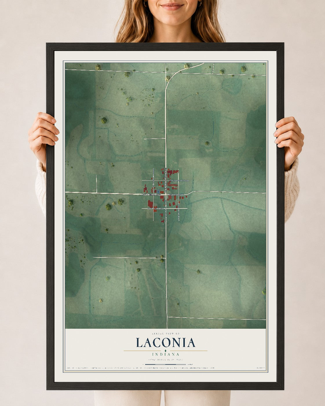 Map of Laconia, Indiana, 24 x 36 inch print in a black wood frame