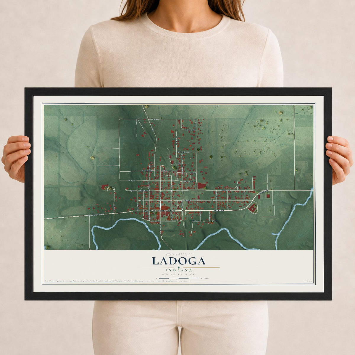 Map of Ladoga, Indiana, 12 x 18 inch print in a black wood frame