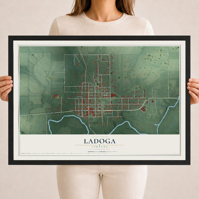 Map of Ladoga, Indiana, 18 x 24 inch print in a black wood frame