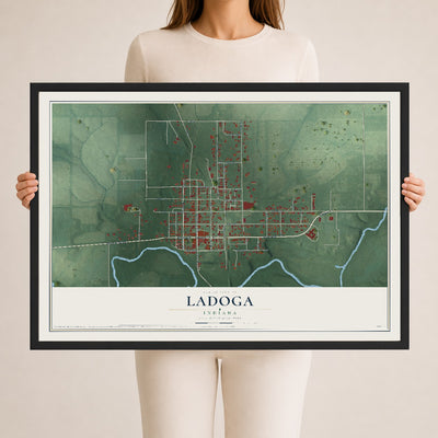 Map of Ladoga, Indiana, 24 x 36 inch print in a black wood frame
