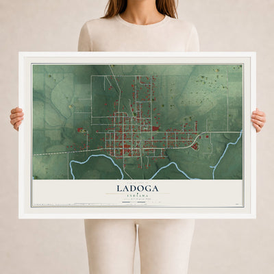 Map of Ladoga, Indiana, 24 x 36 inch print in a white wood frame