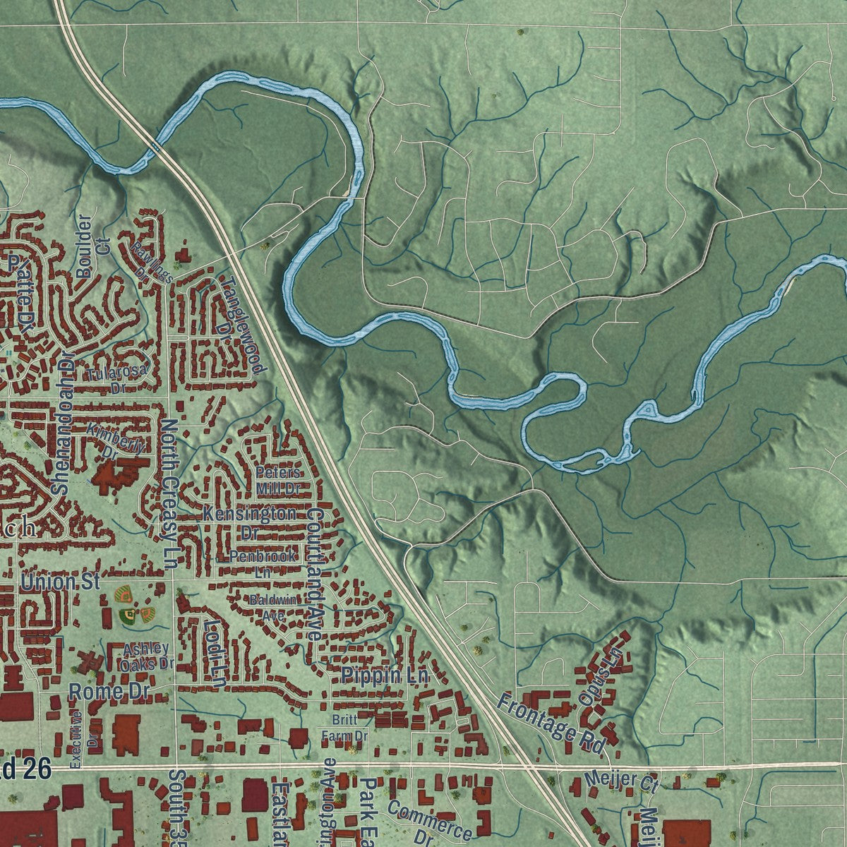 Second close-up of the map of Lafayette, Indiana print showing more streets and buildings