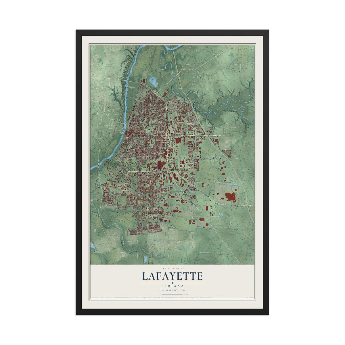 Map of Lafayette, Indiana, 12 x 18 inch print in a black wood frame