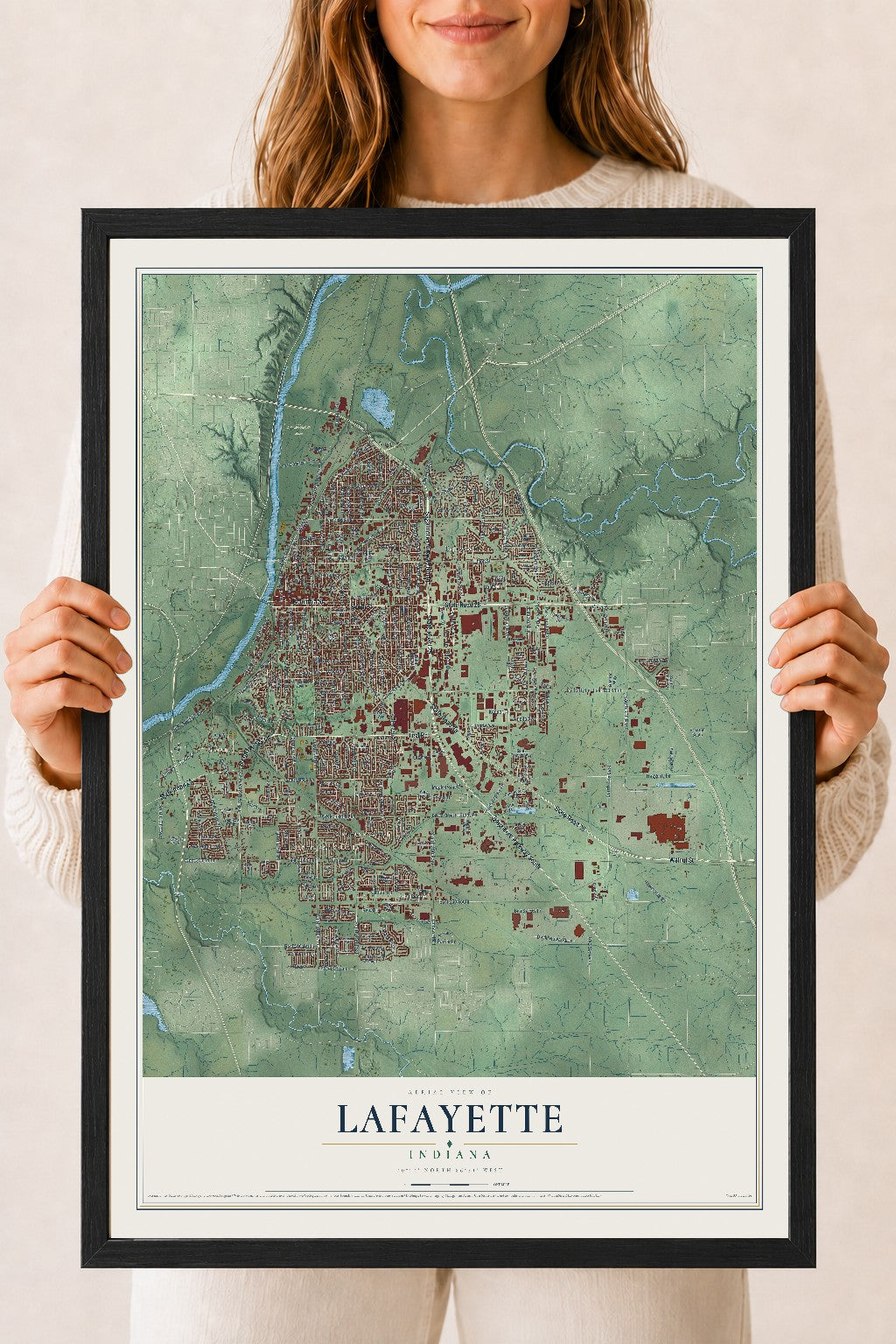 Map of Lafayette, Indiana, 18 x 24 inch print in a black wood frame