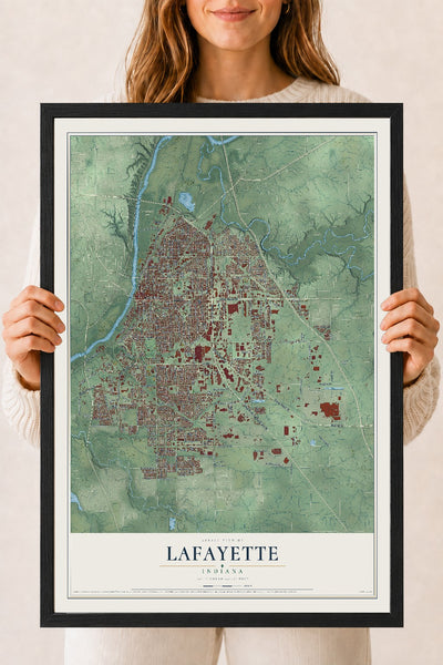 Map of Lafayette, Indiana, 18 x 24 inch print in a black wood frame