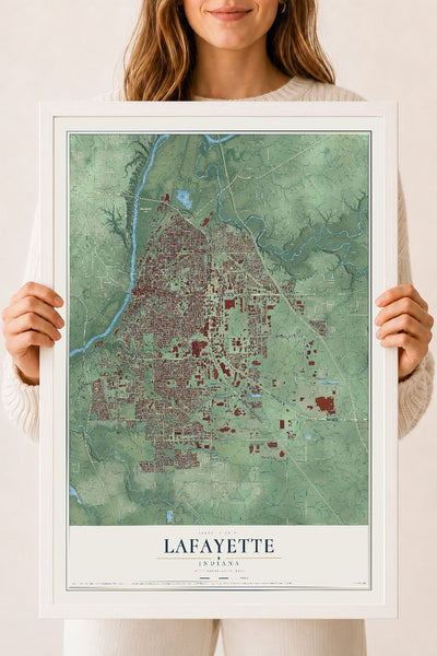 Map of Lafayette, Indiana, 18 x 24 inch print in a white wood frame