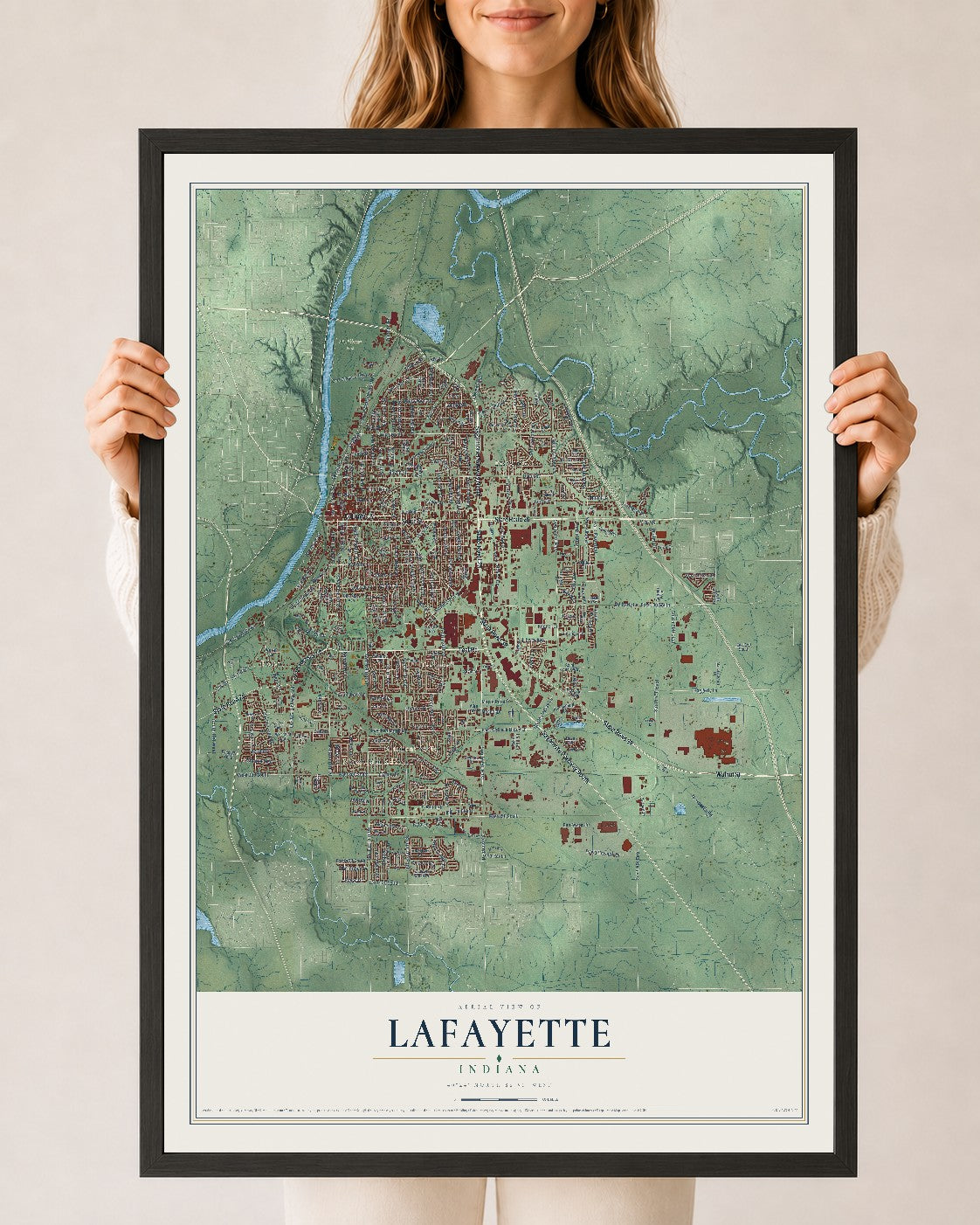 Map of Lafayette, Indiana, 24 x 36 inch print in a black wood frame