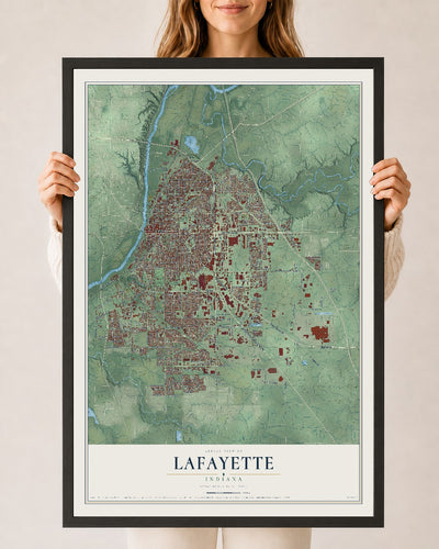 Map of Lafayette, Indiana, 24 x 36 inch print in a black wood frame