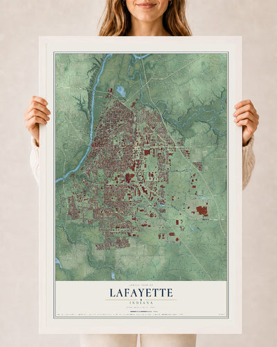 Map of Lafayette, Indiana, 24 x 36 inch print in a white wood frame