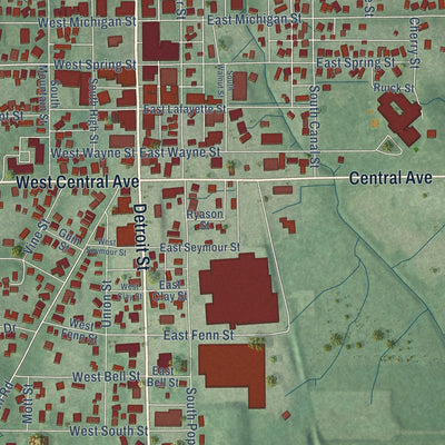 Close-up of the map of Lagrange, Indiana print showing street and building detail