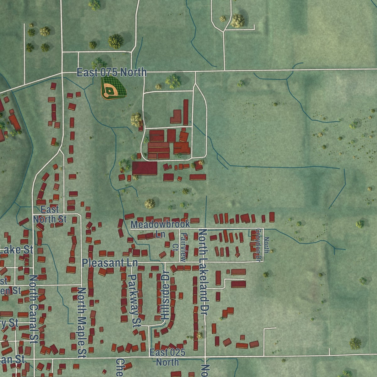 Second close-up of the map of Lagrange, Indiana print showing more streets and buildings