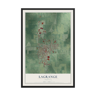 Map of Lagrange, Indiana, 12 x 18 inch print in a black wood frame