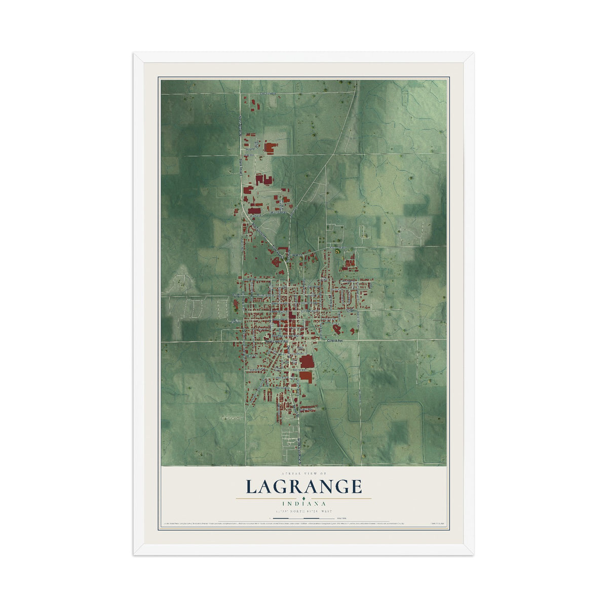 Map of Lagrange, Indiana, 12 x 18 inch print in a white wood frame