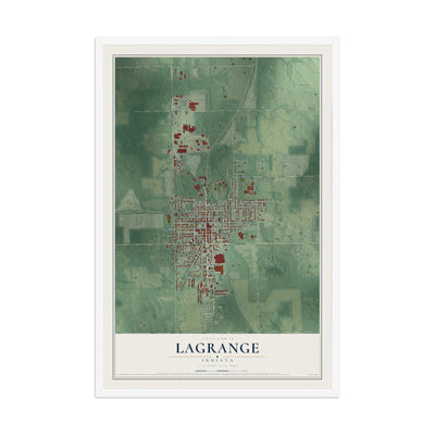 Map of Lagrange, Indiana, 12 x 18 inch print in a white wood frame