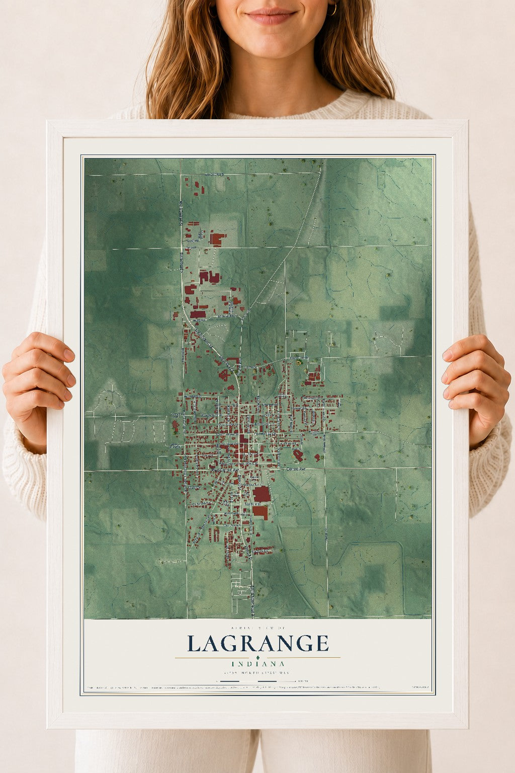 Map of Lagrange, Indiana, 18 x 24 inch print in a white wood frame