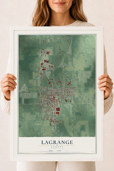 Map of Lagrange, Indiana, 18 x 24 inch print in a white wood frame