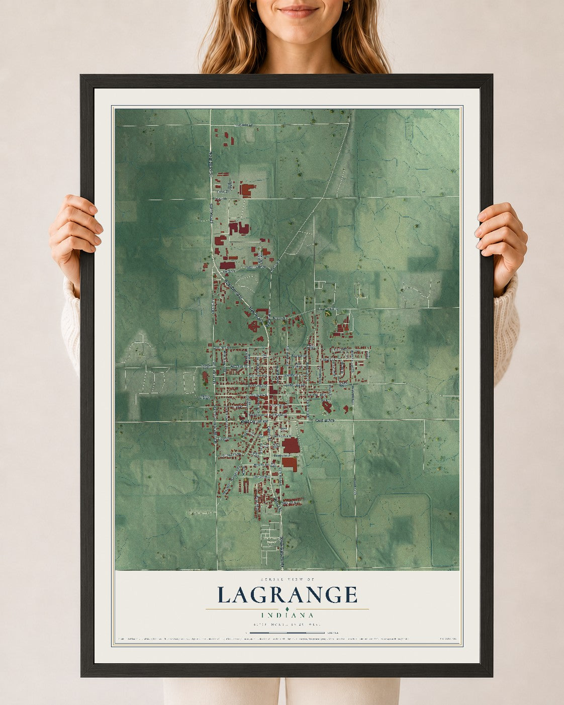 Map of Lagrange, Indiana, 24 x 36 inch print in a black wood frame