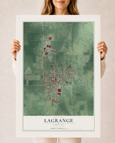 Map of Lagrange, Indiana, 24 x 36 inch print in a white wood frame