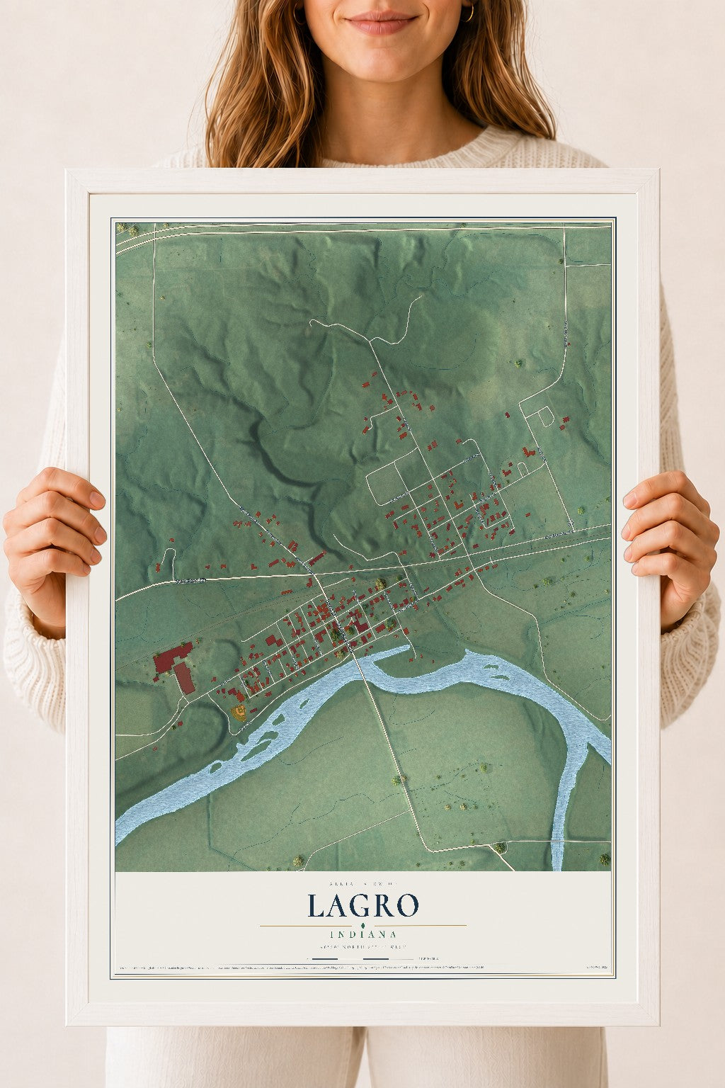 Map of Lagro, Indiana, 18 x 24 inch print in a white wood frame
