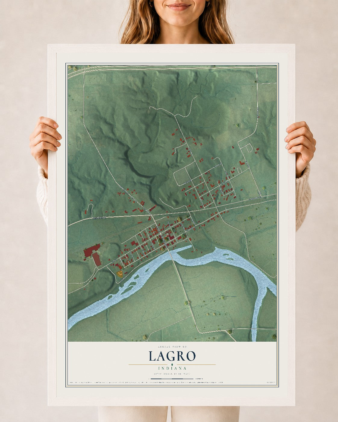 Map of Lagro, Indiana, 24 x 36 inch print in a white wood frame