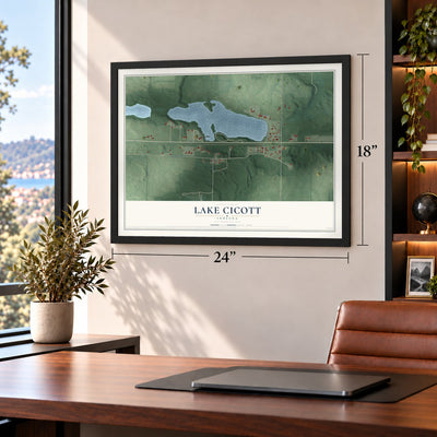 Lake Cicott, Indiana map, 18 x 24 inch print in a black frame in a home office