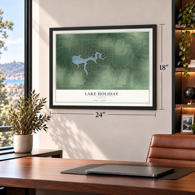Lake Holiday, Indiana map, 18 x 24 inch print in a black frame in a home office