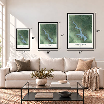 Lake Santee, Indiana map in 12 x 18, 18 x 24 and 24 x 36 inch sizes above a sofa