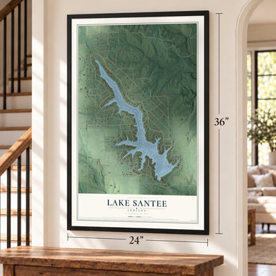 Lake Santee, Indiana map, 24 x 36 inch print in a black frame by a staircase