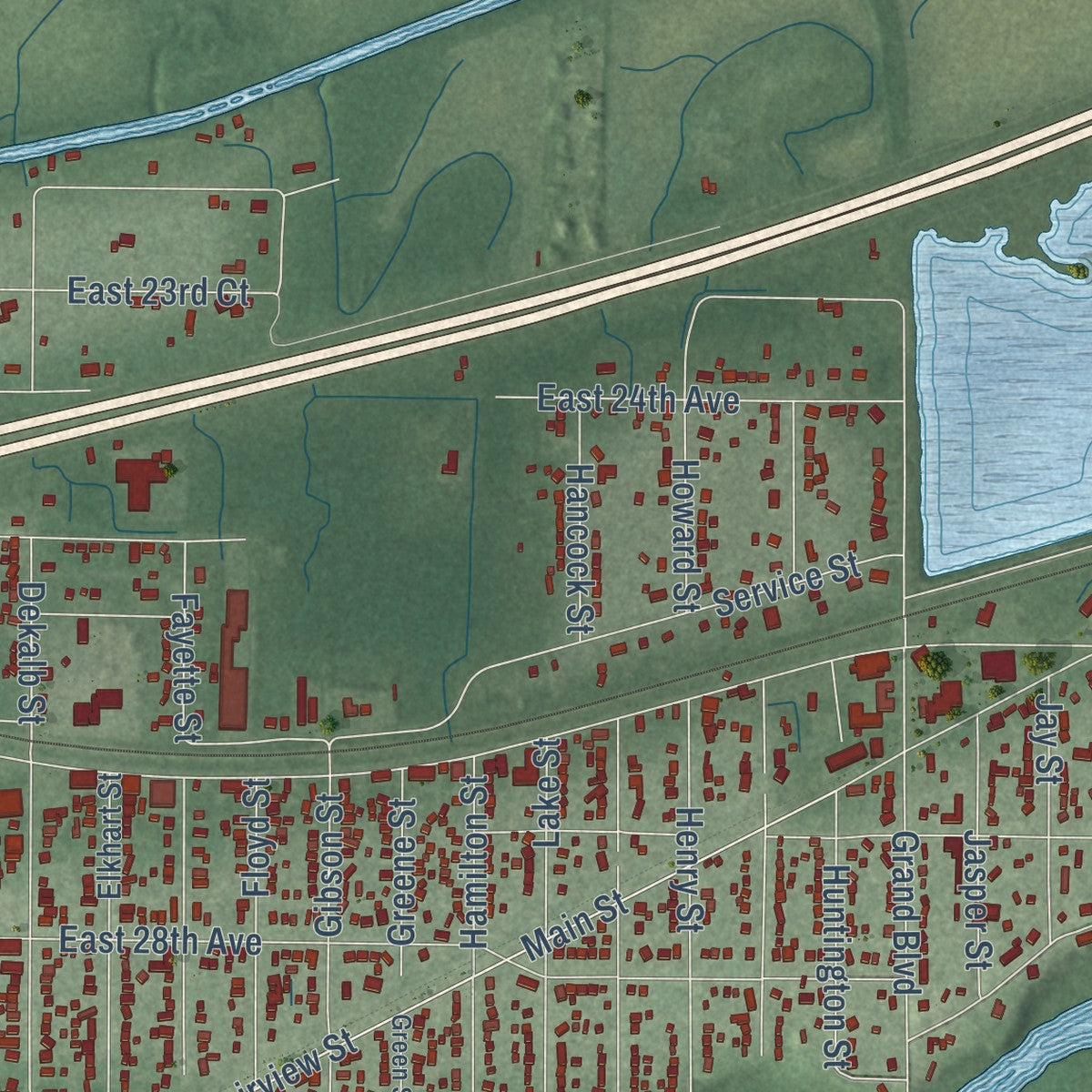 Close-up of the map of Lake Station, Indiana print showing street and building detail
