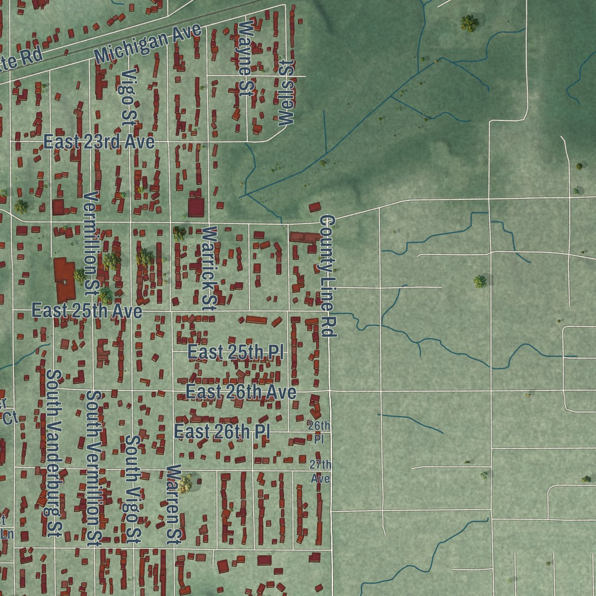 Second close-up of the map of Lake Station, Indiana print showing more streets and buildings