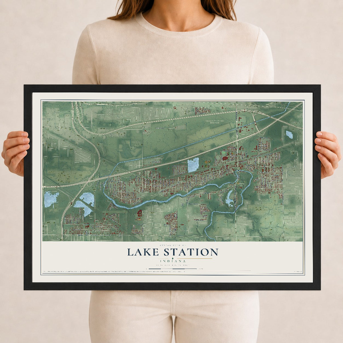 Map of Lake Station, Indiana, 12 x 18 inch print in a black wood frame