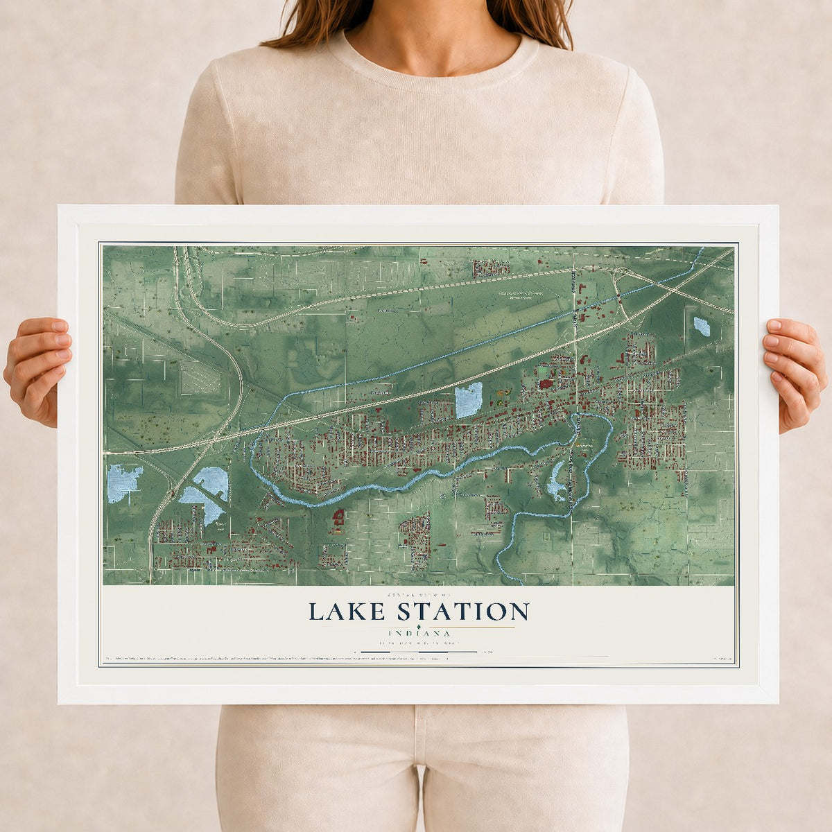 Map of Lake Station, Indiana, 12 x 18 inch print in a white wood frame