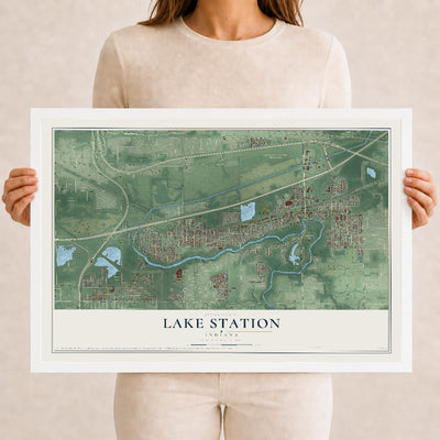 Map of Lake Station, Indiana, 12 x 18 inch print in a white wood frame
