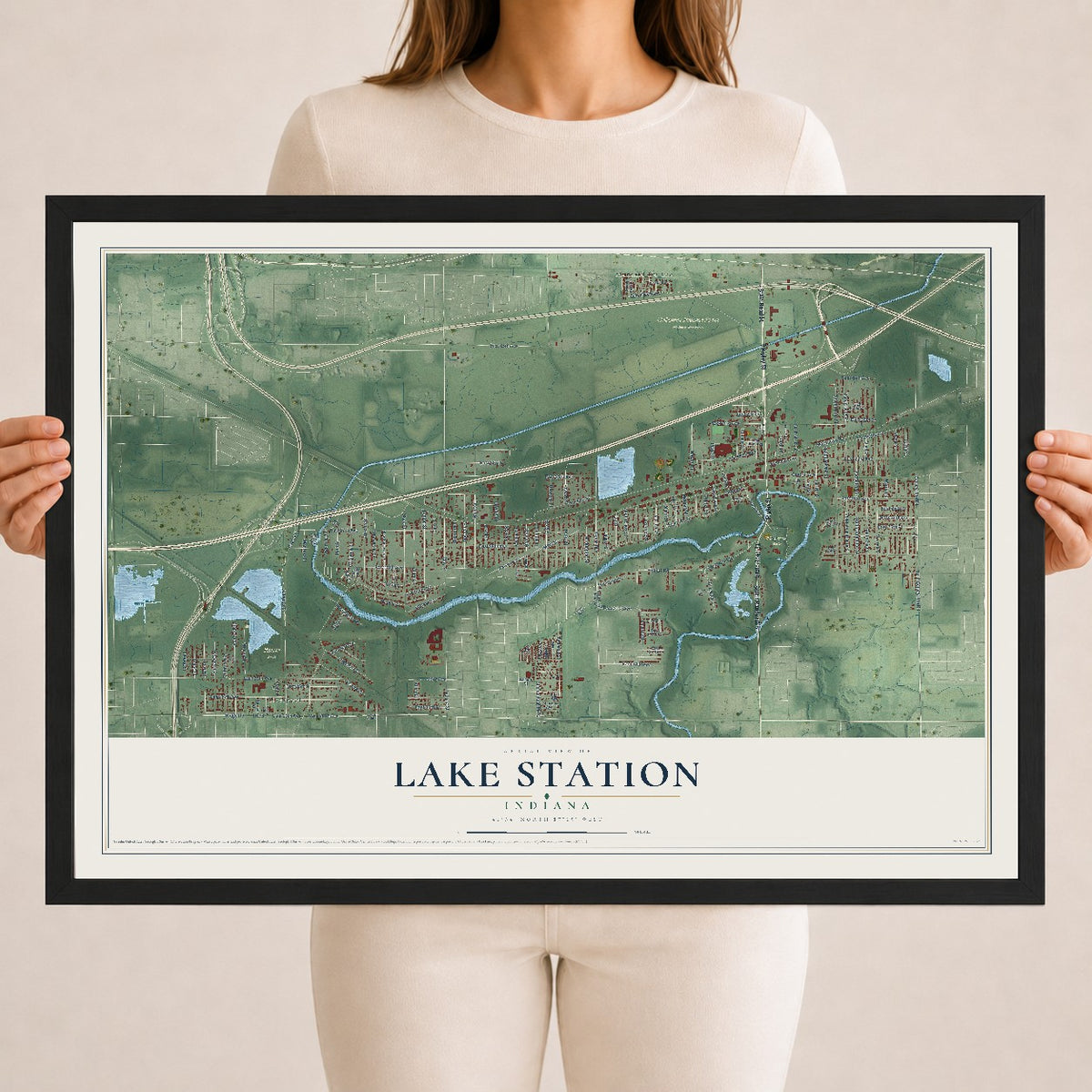 Map of Lake Station, Indiana, 18 x 24 inch print in a black wood frame