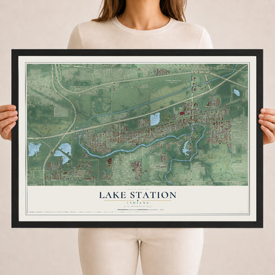 Map of Lake Station, Indiana, 18 x 24 inch print in a black wood frame