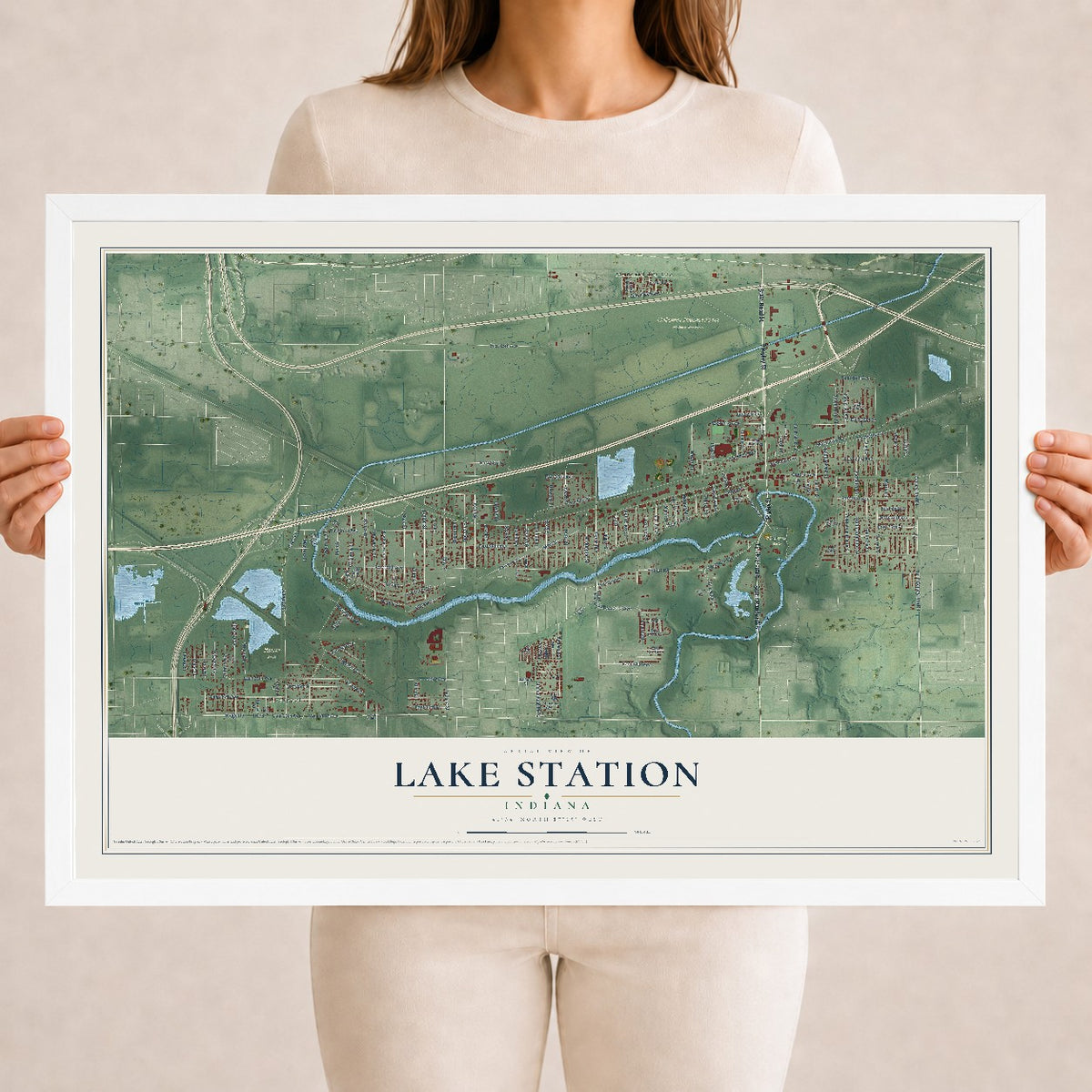 Map of Lake Station, Indiana, 18 x 24 inch print in a white wood frame