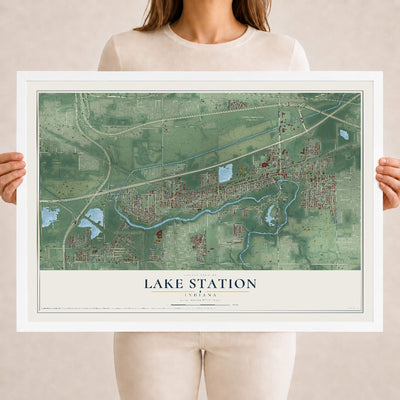 Map of Lake Station, Indiana, 18 x 24 inch print in a white wood frame