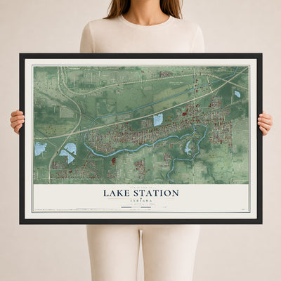 Map of Lake Station, Indiana, 24 x 36 inch print in a black wood frame