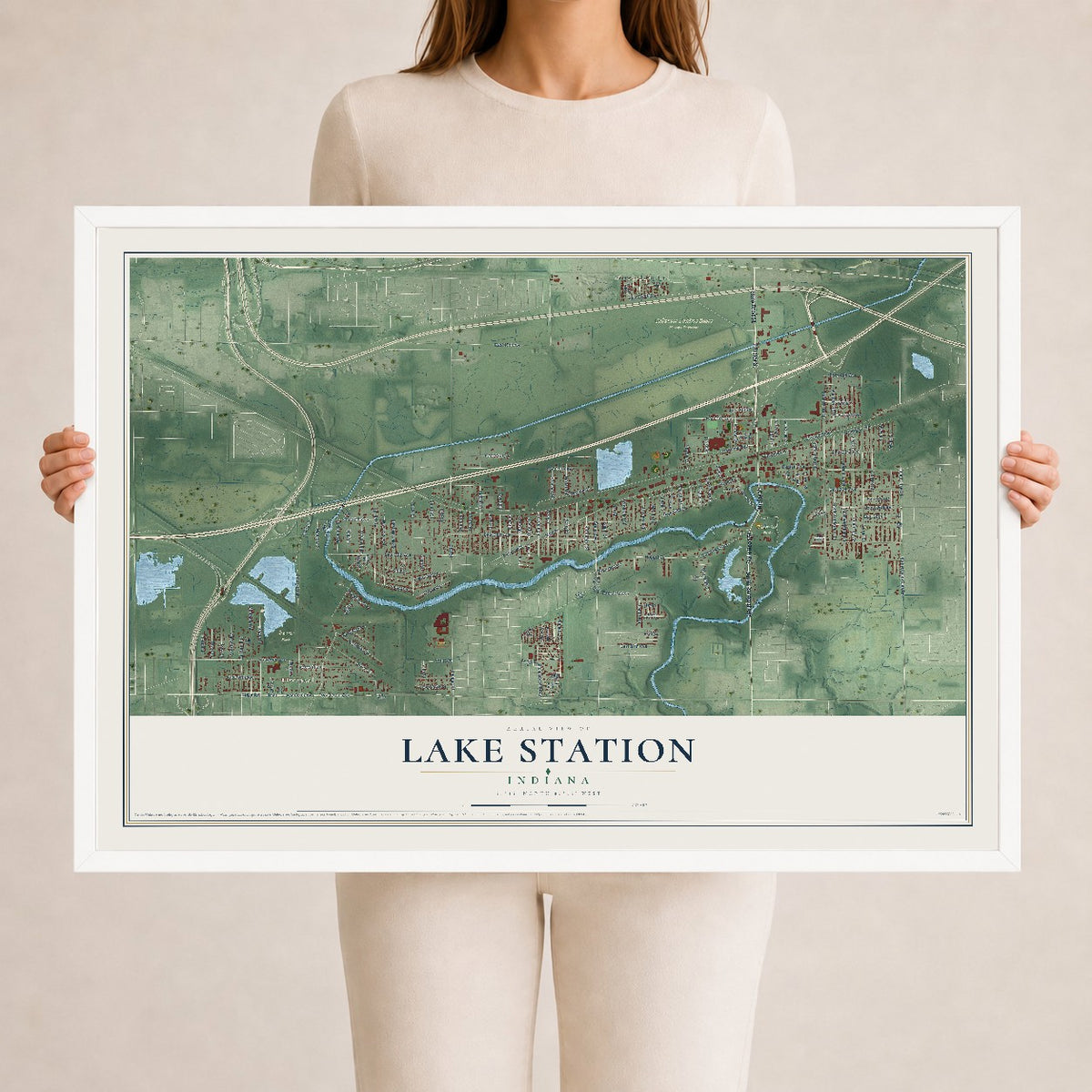 Map of Lake Station, Indiana, 24 x 36 inch print in a white wood frame