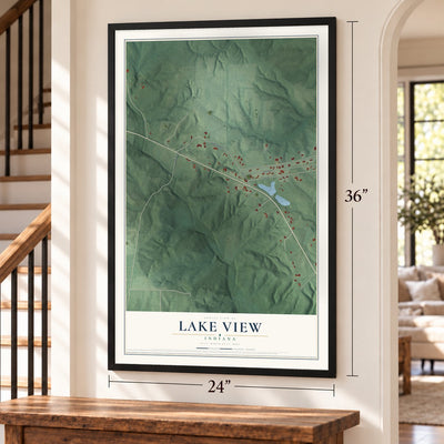 Lake View, Indiana map, 24 x 36 inch print in a black frame by a staircase