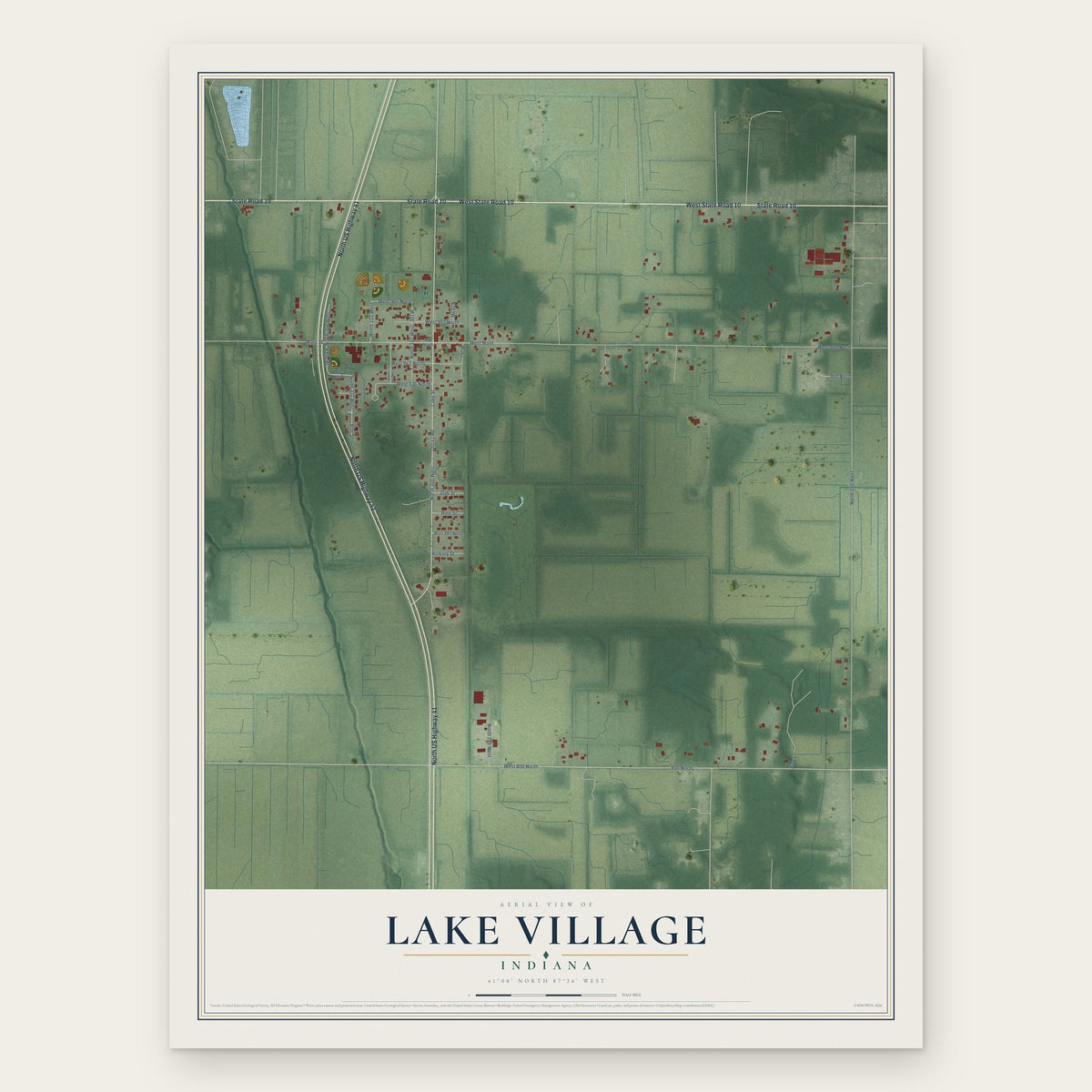 Lake Village, Indiana map print, the full design
