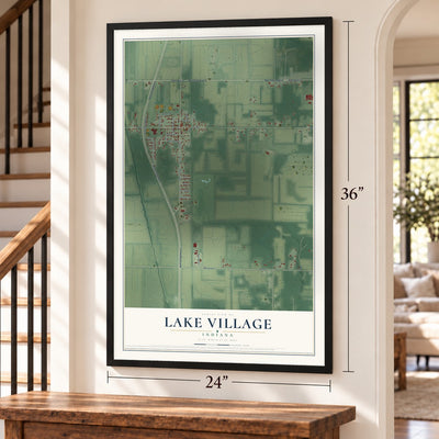 Lake Village, Indiana map, 24 x 36 inch print in a black frame by a staircase